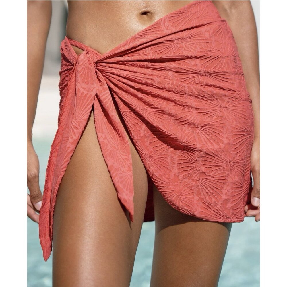 Berlook Red Textured Shells Wrap Cover Up Skirt Large Ruffled Midi Tie Side